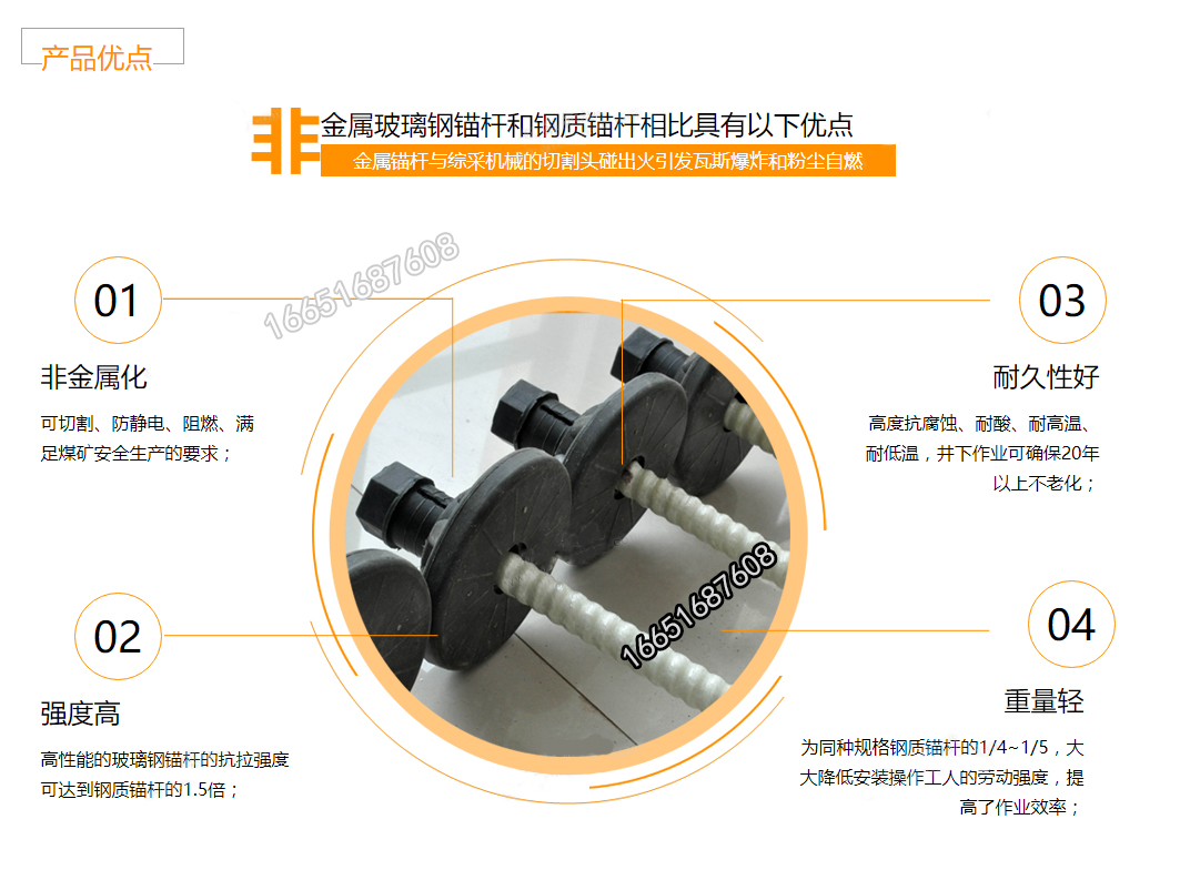 Fully threaded mining resin fiberglass anchor rod, tray, nut, complete set, available in stock with safety label