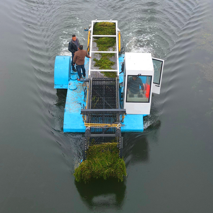 Floating garbage on the surface of the water is salvaged by the boat, and the equipment of the lawn mower is large in carrying capacity and flexible in operation