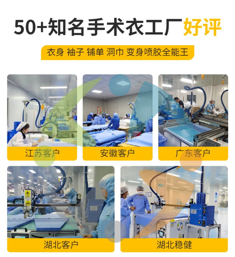 Non woven cuffs gluing machine - Three axis gluing machine for surgical gowns - Gluing effect of protective clothing for people in sets