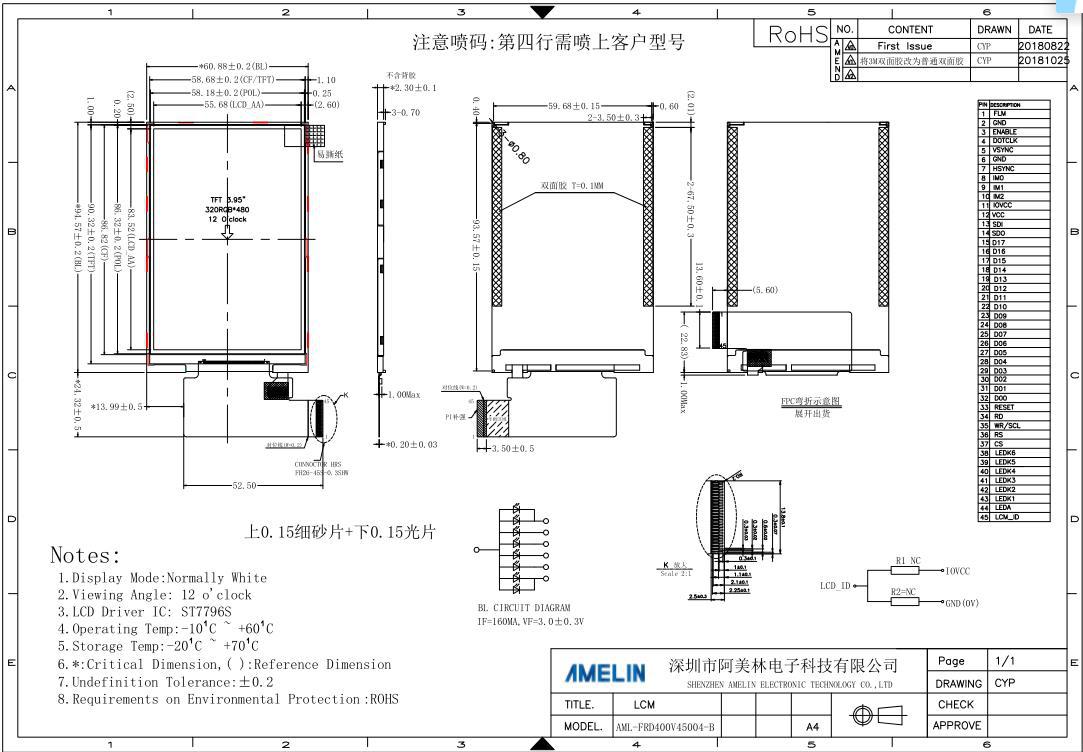 4.0 inch TFT TN LCD display with 320x480 resolution interface RGB/SPI/M