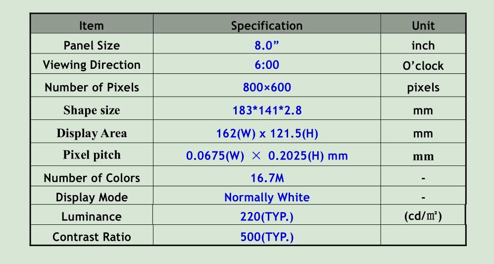 8.0 inch TFT LCD display screen with 800 * 600 TN viewing angle RGB interface