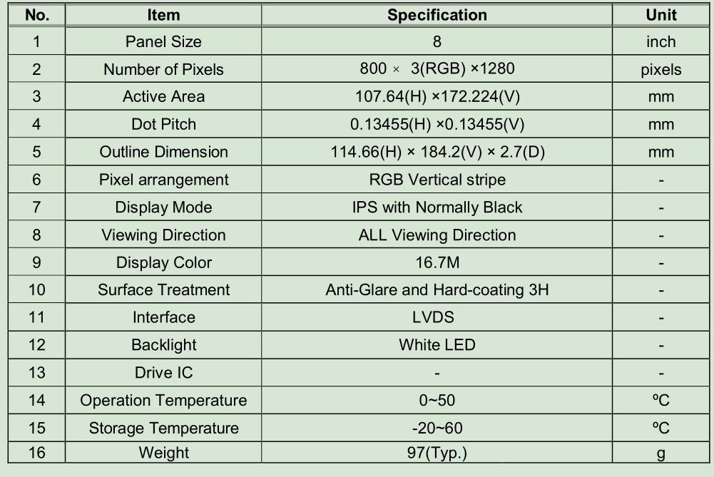 8-inch TFT LCD screen with 800 * 1280 resolution LVDS interface and TP touch IPS LCD display