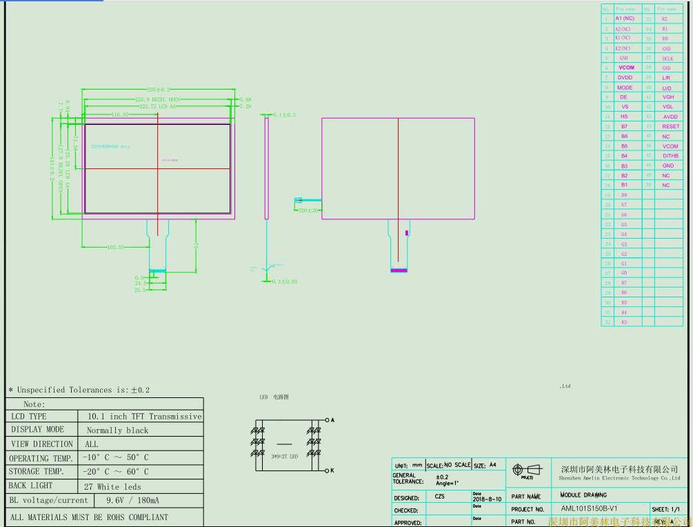 10.1-inch 1024 * 600 resolution RGB interface IPS LCD screen with resistance TP touch screen