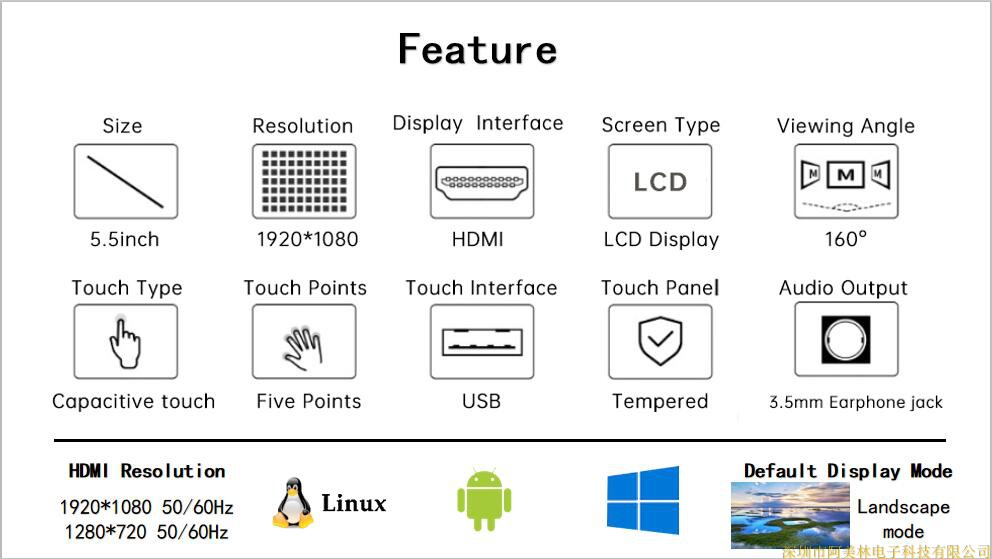 5.5 inch 1920 * 1080 touch screen with driver board suitable for HDMI interface and can be connected to raspberry pie horizontal screen