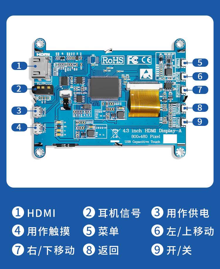 4.3 inch LCD display module, LCD screen, capacitive screen, touch display, HDMI adaptation, raspberry pie control board