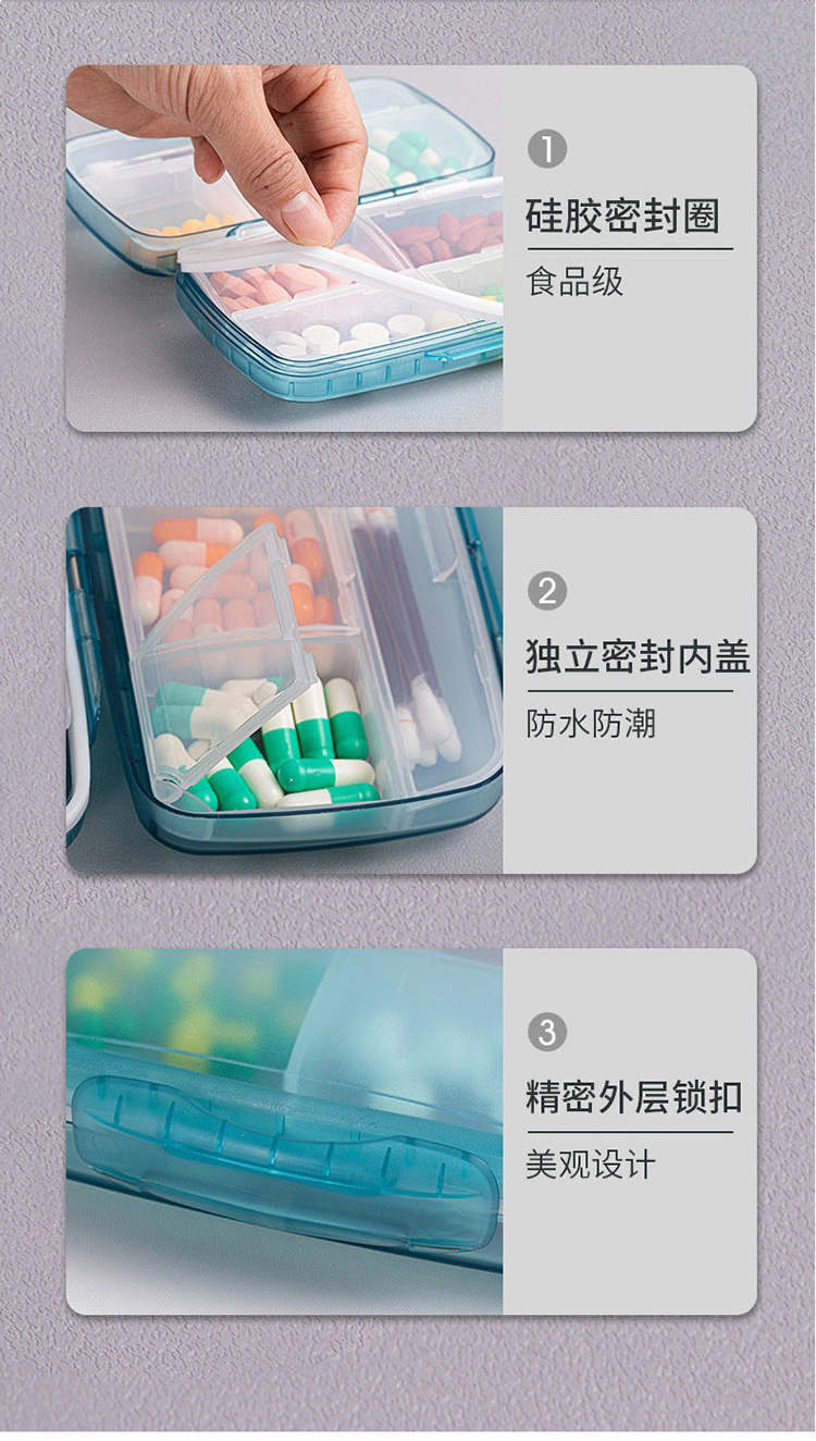 Wholesale of large eight grid plastic medicine boxes by manufacturers, detachable inner liner, large capacity, one week portable pill waterproof storage box