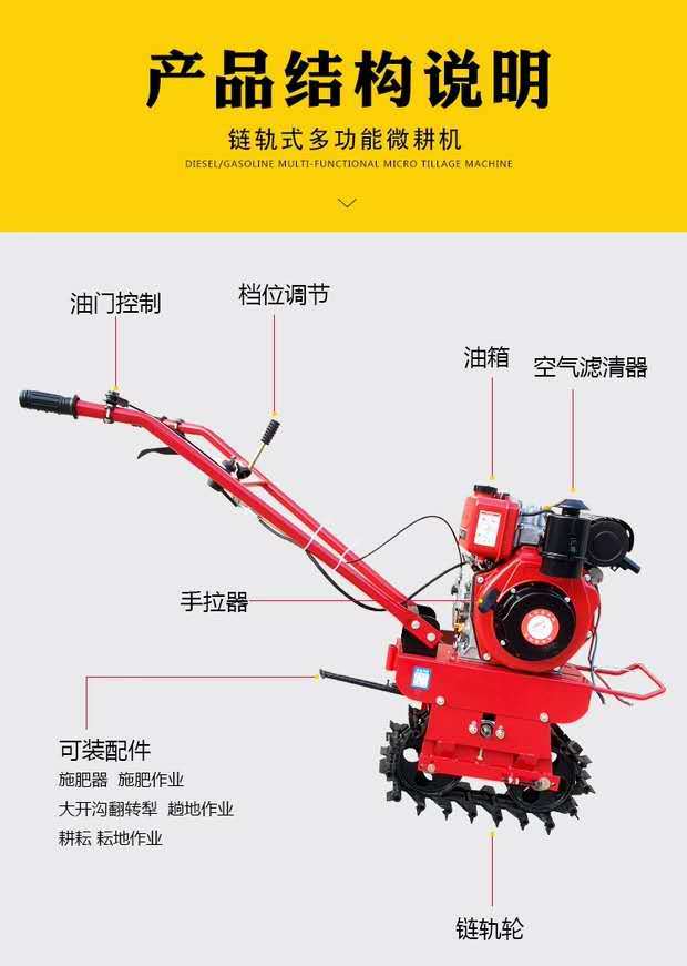 Single wheel garden management machine, track type micro tiller, narrow distance walking track type weeding and fur