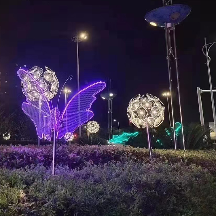 大型城市景观雕塑制作 不锈钢抽象镂空彩色夜光蒲公英铁艺羽毛摆件
