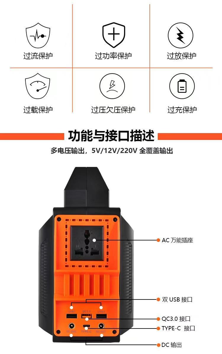 Portable power supply 300W, high-power, large-capacity outdoor energy storage, mobile fire protection, solar emergency energy storage power supply