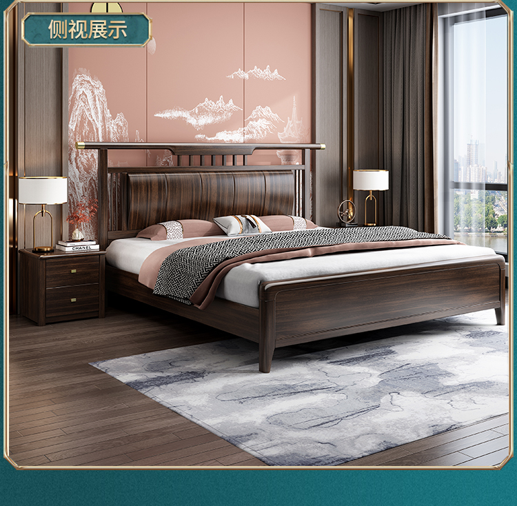 New Chinese style solid wood double bed bedroom, home use dark gold wood king bed storage frame, wooden wedding bed furniture