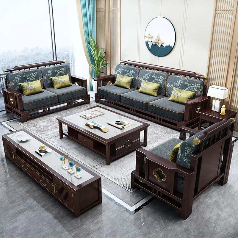 New Chinese style sofa, classical light luxury, Zen style living room furniture, simple, all solid wood fabric sofa combination manufacturer wholesale