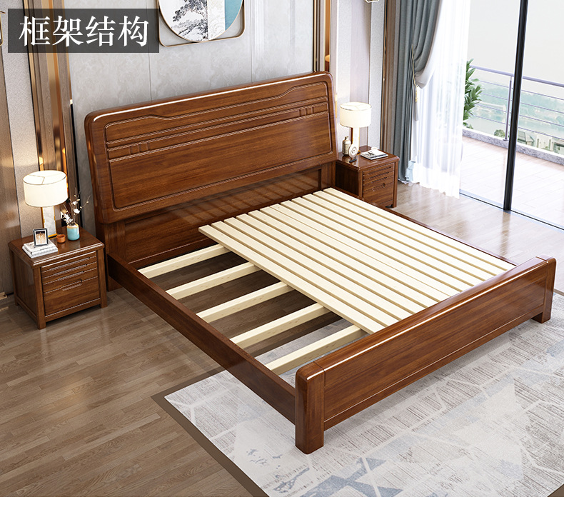 Golden Walnut Wood Chinese Solid Wood Bed 1.8m Double Bedroom High Box Storage Bed Small Unit High end Big Wedding Bed