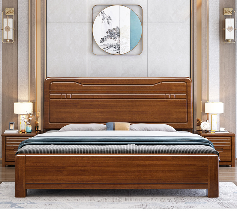 Golden Walnut Wood Chinese Solid Wood Bed 1.8m Double Bedroom High Box Storage Bed Small Unit High end Big Wedding Bed