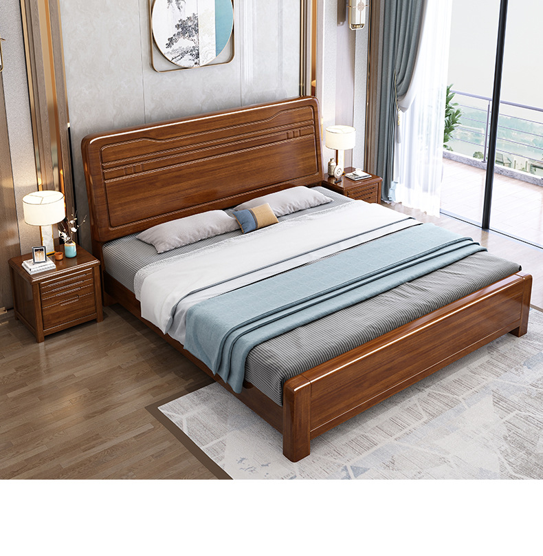 Golden Walnut Wood Chinese Solid Wood Bed 1.8m Double Bedroom High Box Storage Bed Small Unit High end Big Wedding Bed