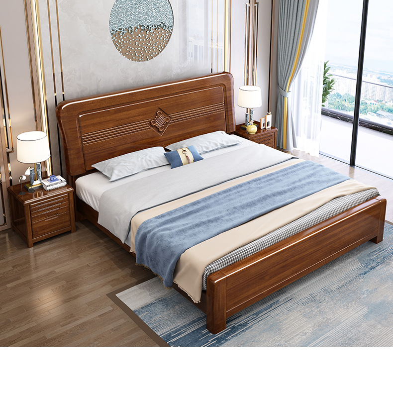 Golden Walnut Wood Bed 1.8m Chinese Solid Wood Double King Bedroom Master Bedroom High Box Storage Economical Premium Wedding Bed