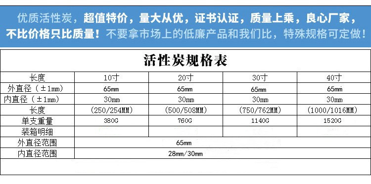 20 inch coconut shell activated carbon core for residual chlorine and odor removal, compression cast carbon rod CTO activated carbon filter cartridge carbon rod