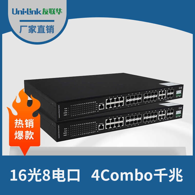友联华UL9000-1682-42CHM工业级16光8电4复用口千兆PoE环网交换机