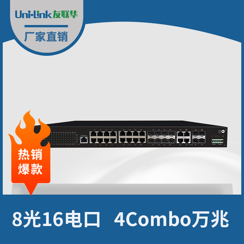 友联华UL9000-8162C-43HM机架式8光16电万兆三层环网工业交换机