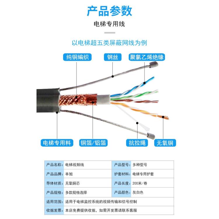 电梯监控网线扁平随行拖链电缆 监控双绞屏蔽视频线