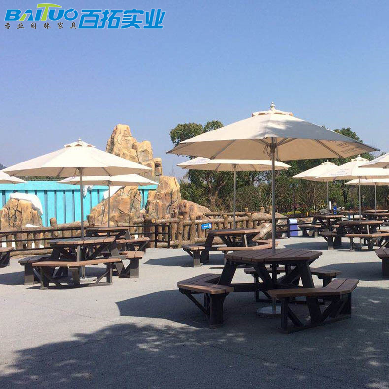 户外塑木桌椅公园景区休闲餐桌椅组合景点海滩六角形休闲桌椅带伞