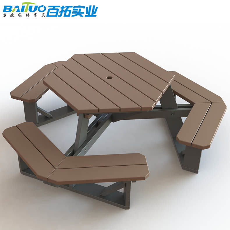 景区户外塑木桌椅水上乐园休闲桌椅海洋公园六角形室外桌椅伞