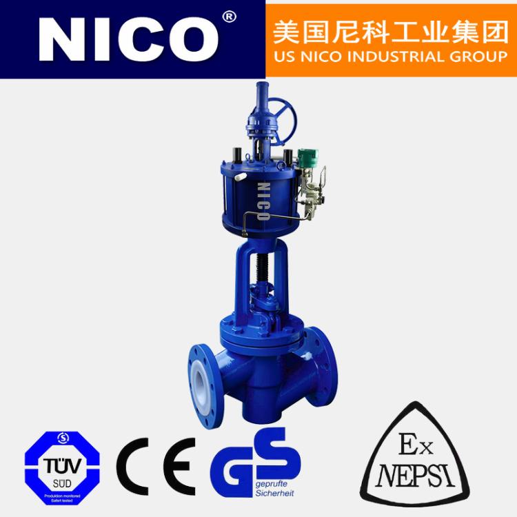 进口气动四氟截止阀 衬聚四氟乙烯 PTFE 增强 铁氟龙 氟橡胶 铸铁 尼科