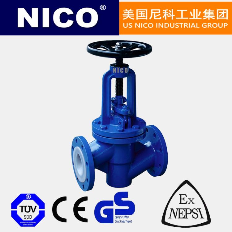 进口衬氟截止阀 手动 铁氟龙 聚四氟乙烯 增强 PTFE 氟橡胶 法兰 美国尼科
