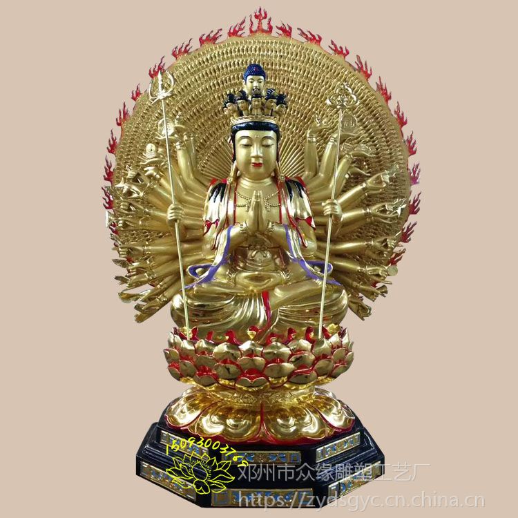 鎏金千手观音佛像雕塑厂家 水月观世音雕像 寺庙树脂神像