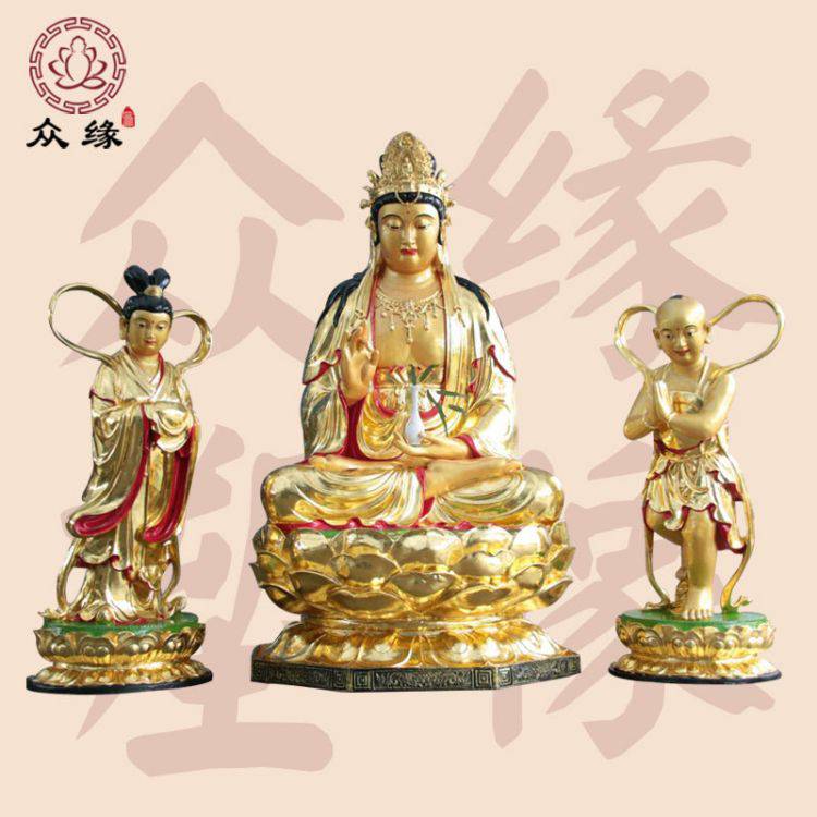新品观音石雕佛像 树脂彩绘四面观音 石头观音像 坐莲观音雕像
