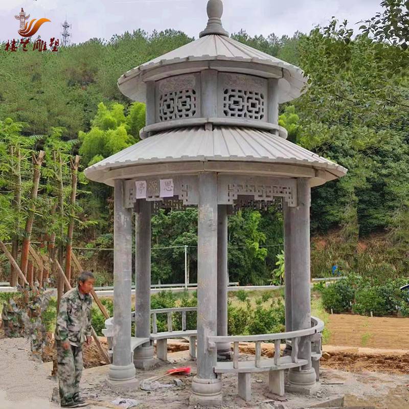 六角单层石凉亭 花岗岩青石雕刻八角双层石亭子