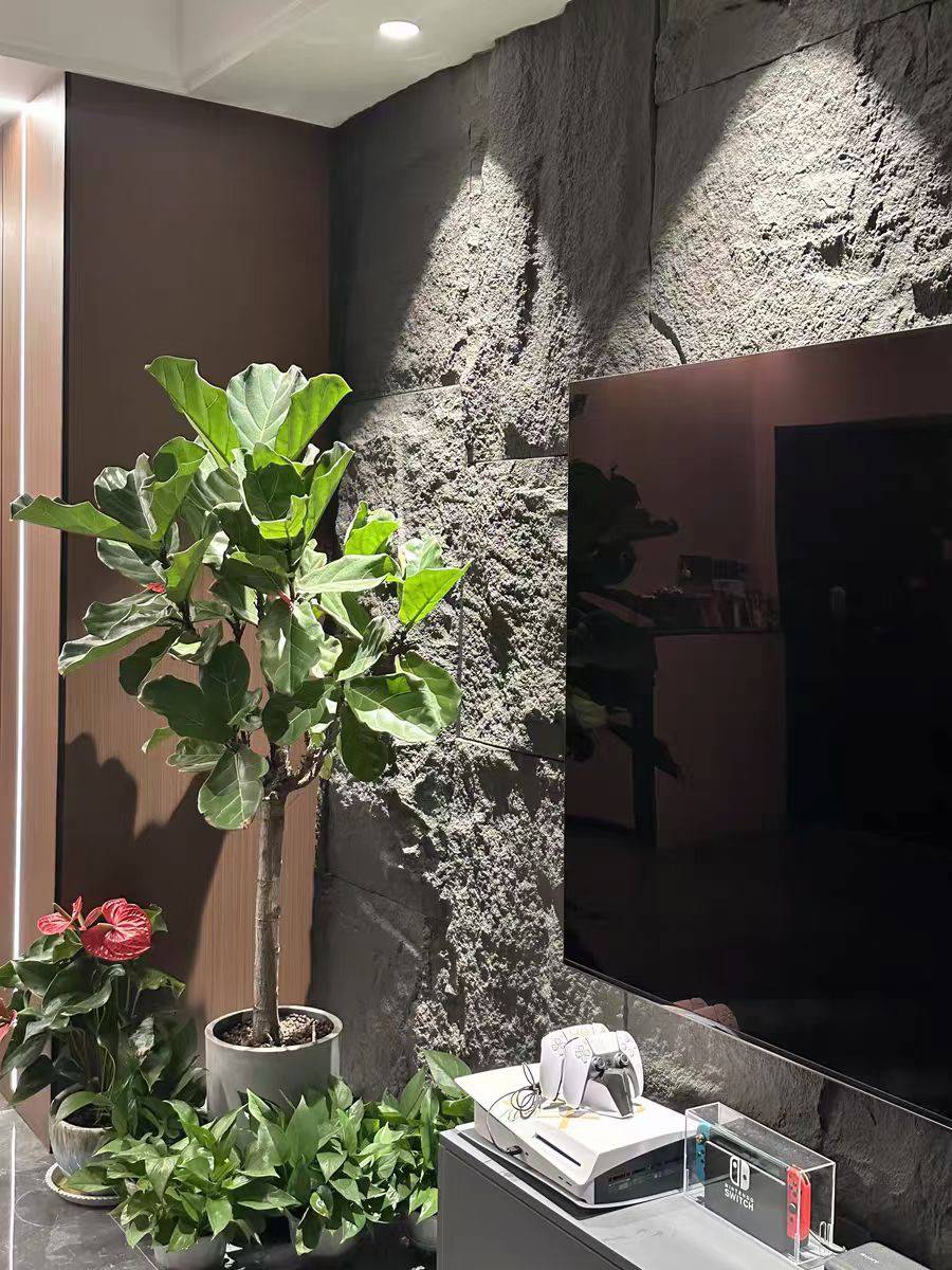 阁瑞石别墅人造干挂蘑菇石夯土黄色室内背景墙