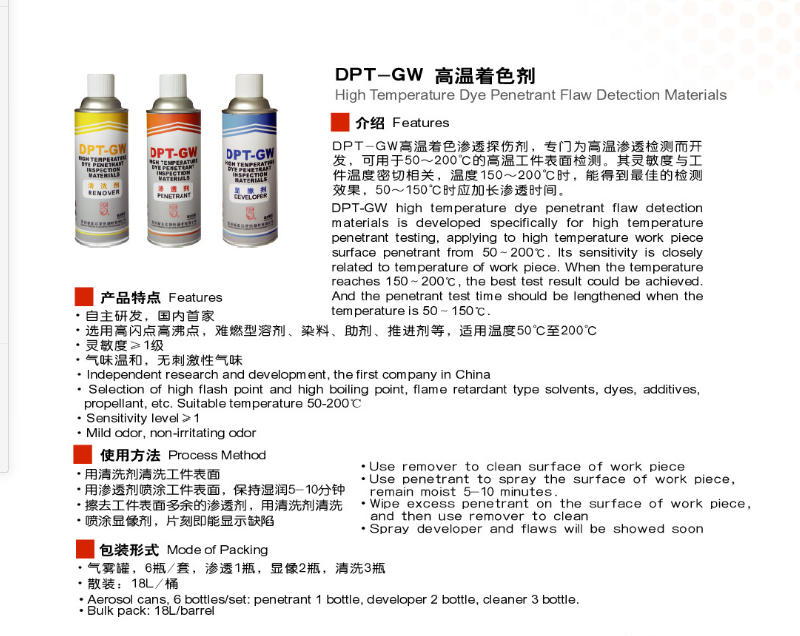 DPT-GW高温着色渗透探伤剂高温渗透剂 显像剂清洗剂