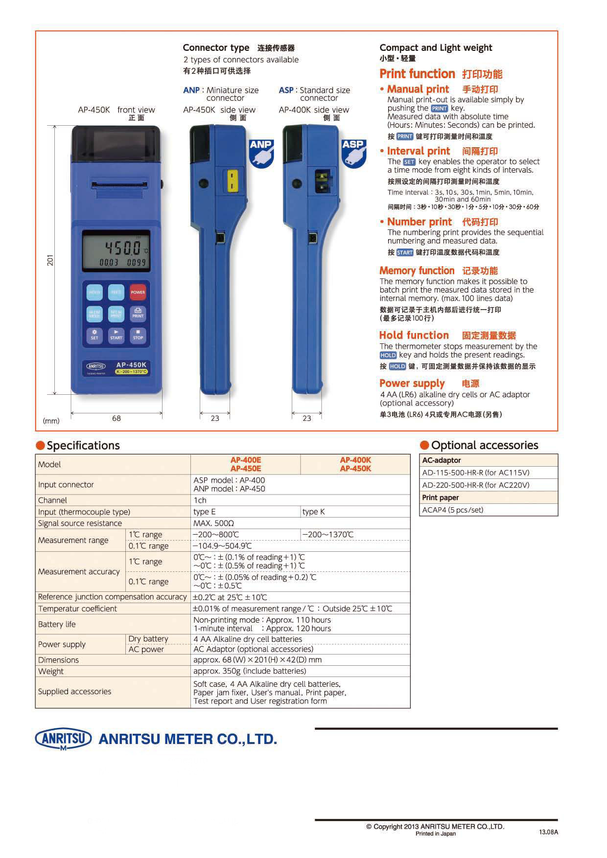 日本安立ANRITSU METER表面温度计HR-1400K测温仪