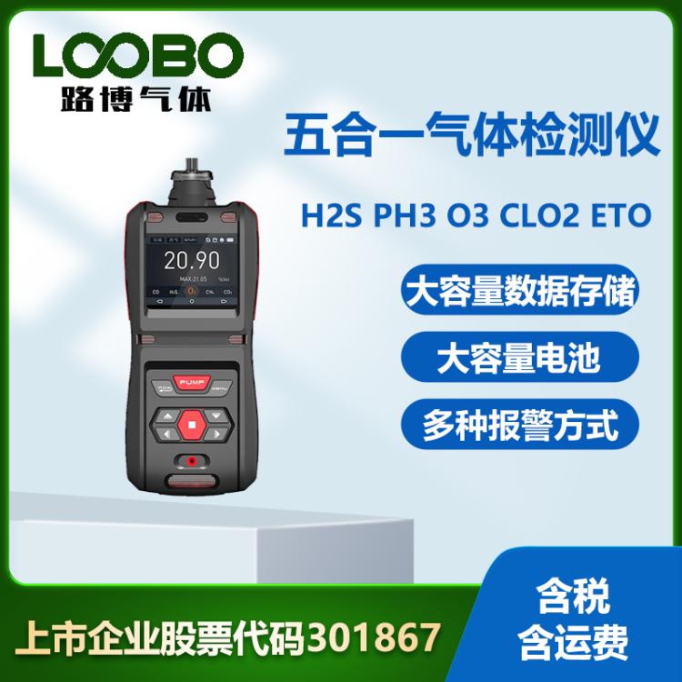 泵吸式五合一气体检测仪硫化氢 PH3 O3 CLO2 ETO气体浓度探测器