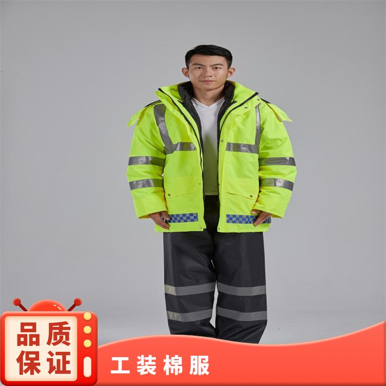 可拆卸帽子内胆加厚反光棉衣 防水防静电荧光黄反光棉袄 交通安全棉服棉大衣