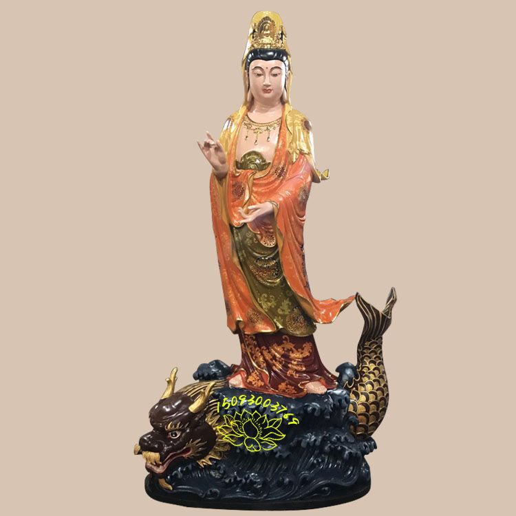 观音菩萨佛像高清大图 贴金龙鱼观音 树脂铜雕工艺