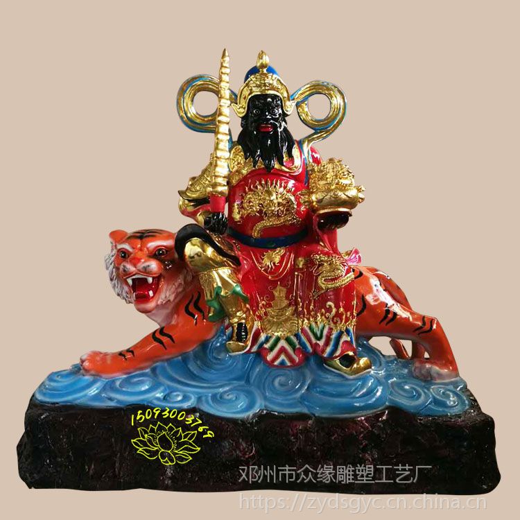 骑虎财神赵天君雕像 五路财神关公赵公明王亥彩绘鎏金铜像