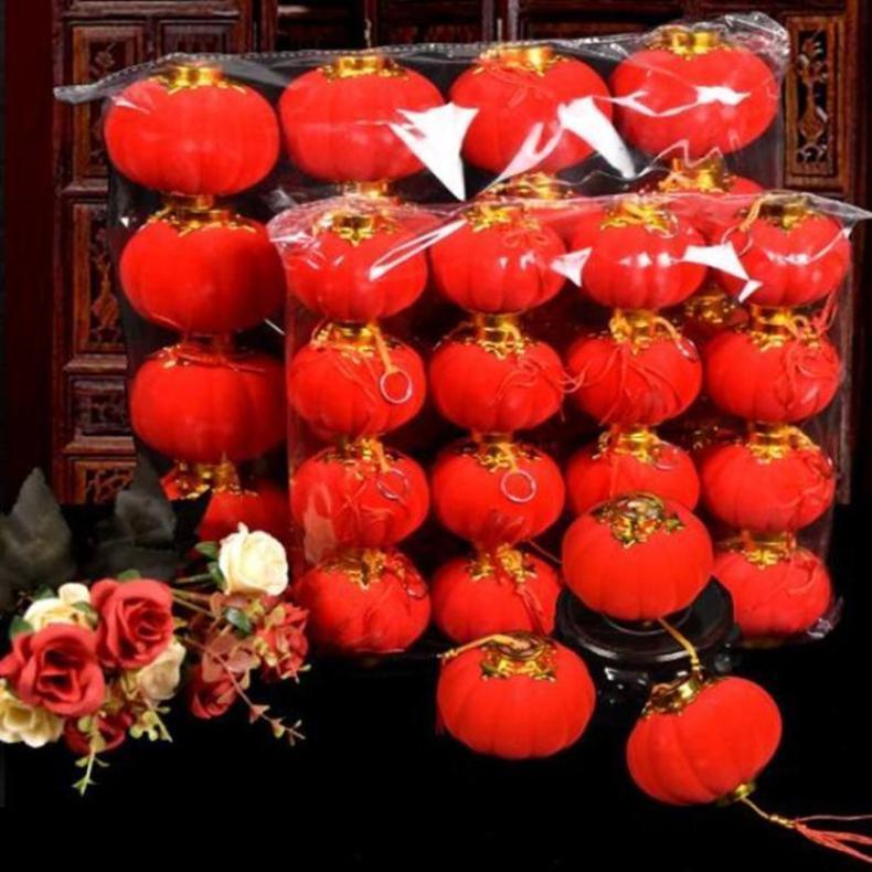 大红植绒小灯笼挂饰新年喜庆佳节植绒球装饰阳台盆景小