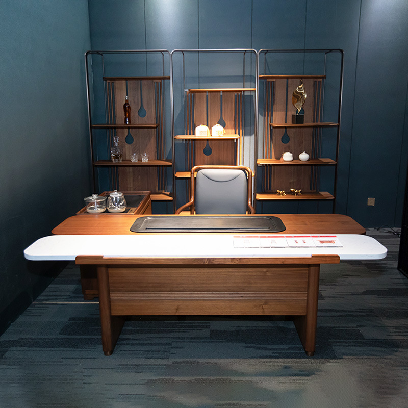 办公室胡桃木茶桌 轻奢天然大理石茶盘 智能触屏一键煮茶