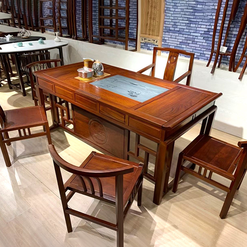 花梨木实木茶桌茶具套装 一体设计 嵌入式电磁炉 古典精雕