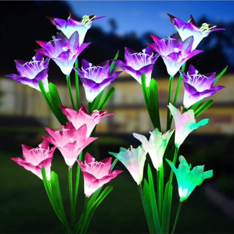 户外太阳能3头太阳能玫瑰花灯百合花地插花灯花园庭院装饰草坪灯
