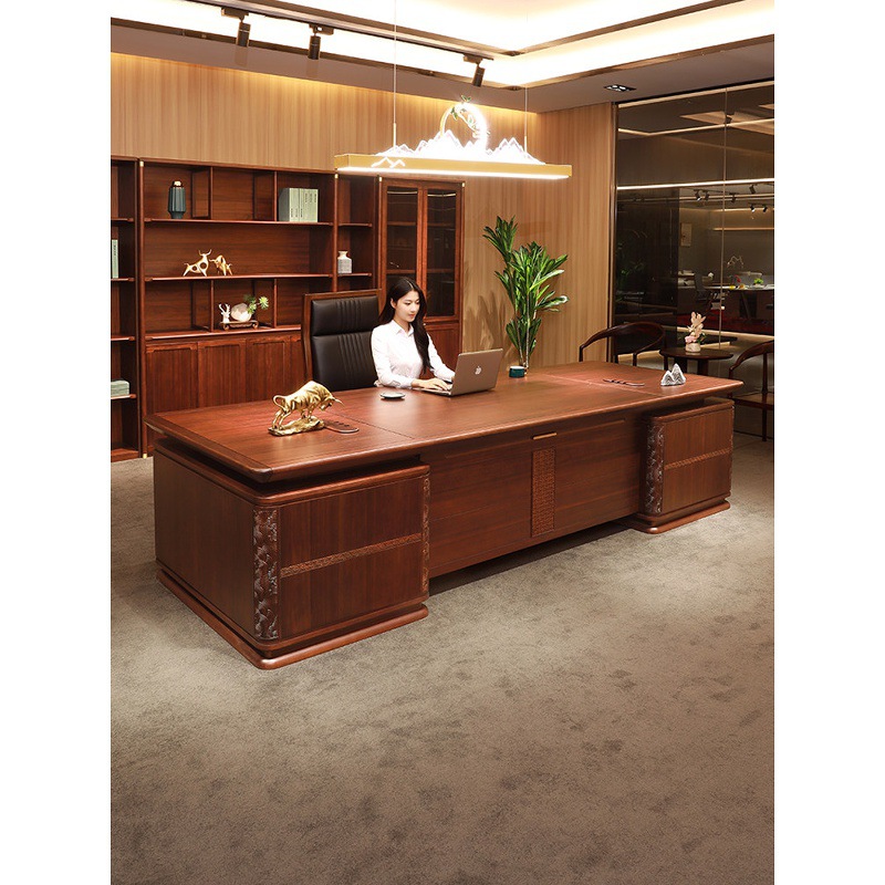 进口乌金木实木办公桌 老板桌椅组合 新中式覆古风总裁桌