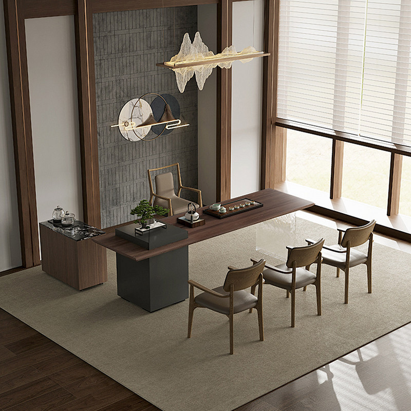 意式功夫茶桌椅组合 现代极简轻奢 胡桃木纹饰面 智能插座配置