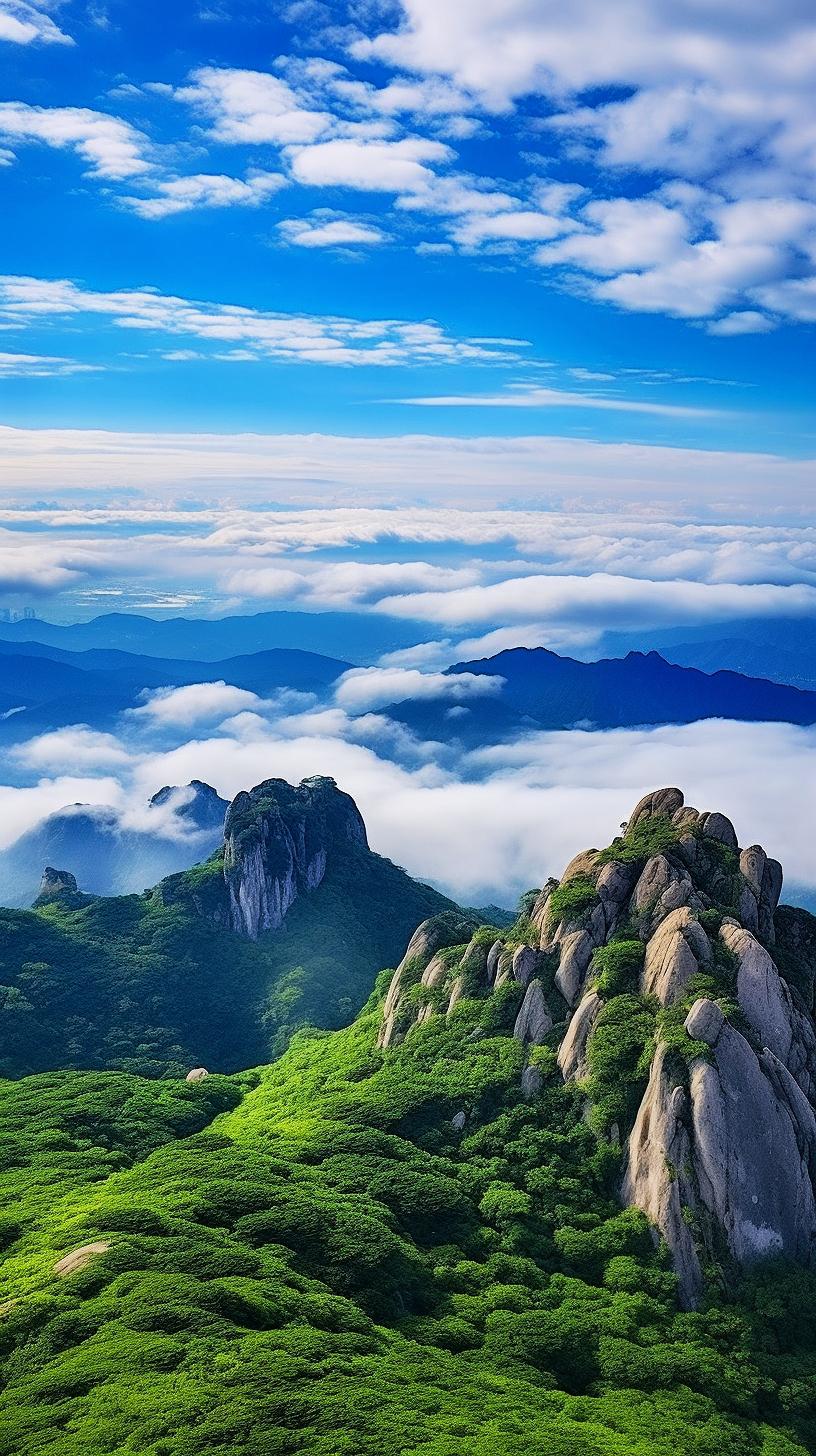 山巅之上的自然之美 站在山顶上,迎面而来的是一片云雾缭绕的景象.