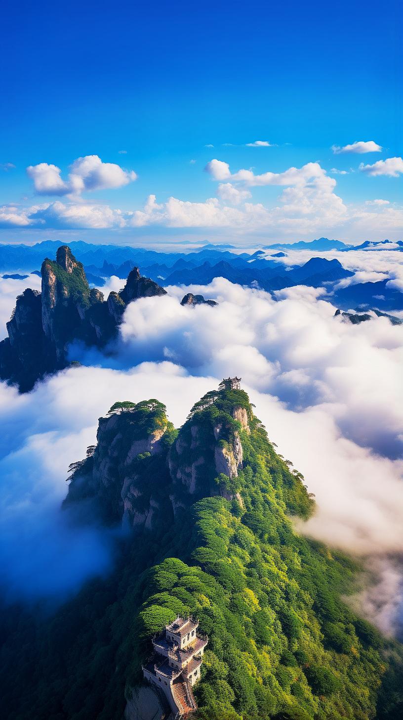 山巅之上的自然之美 站在山顶上,迎面而来的是一片云雾缭绕的景象.