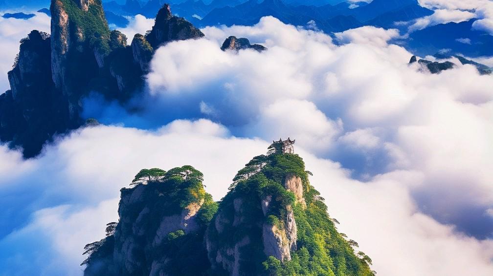 山巅之上的自然之美 站在山顶上,迎面而来的是一片云雾缭绕的景象.