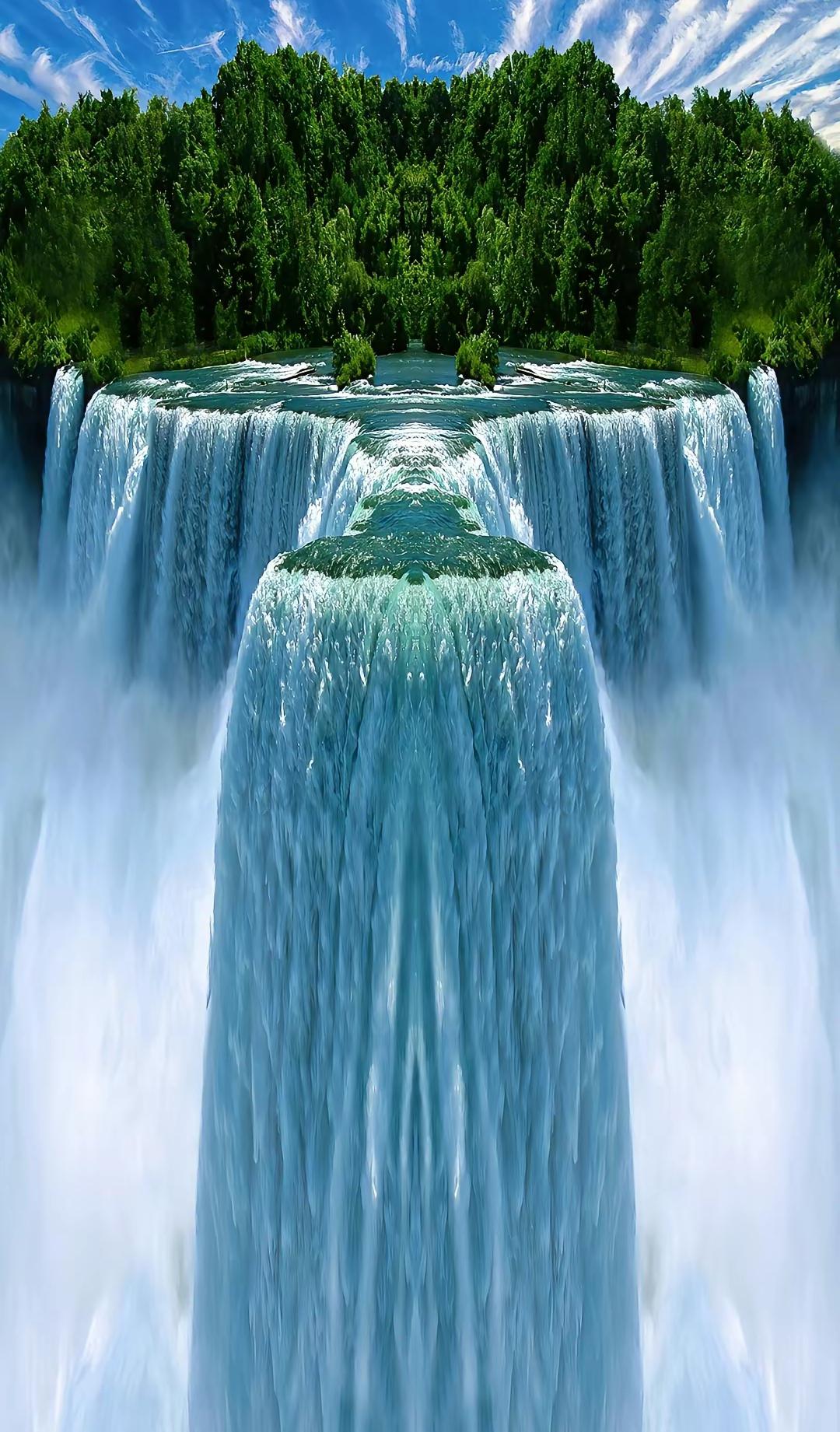 高山瀑布美景 在这座高山的顶端,一股磅礴的水流从悬崖上飞流直下