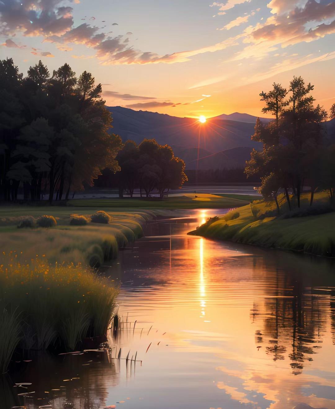 湖边美景 这是一个平静而美丽的夏日晚上,在湖面上倒映着夕阳的余晖