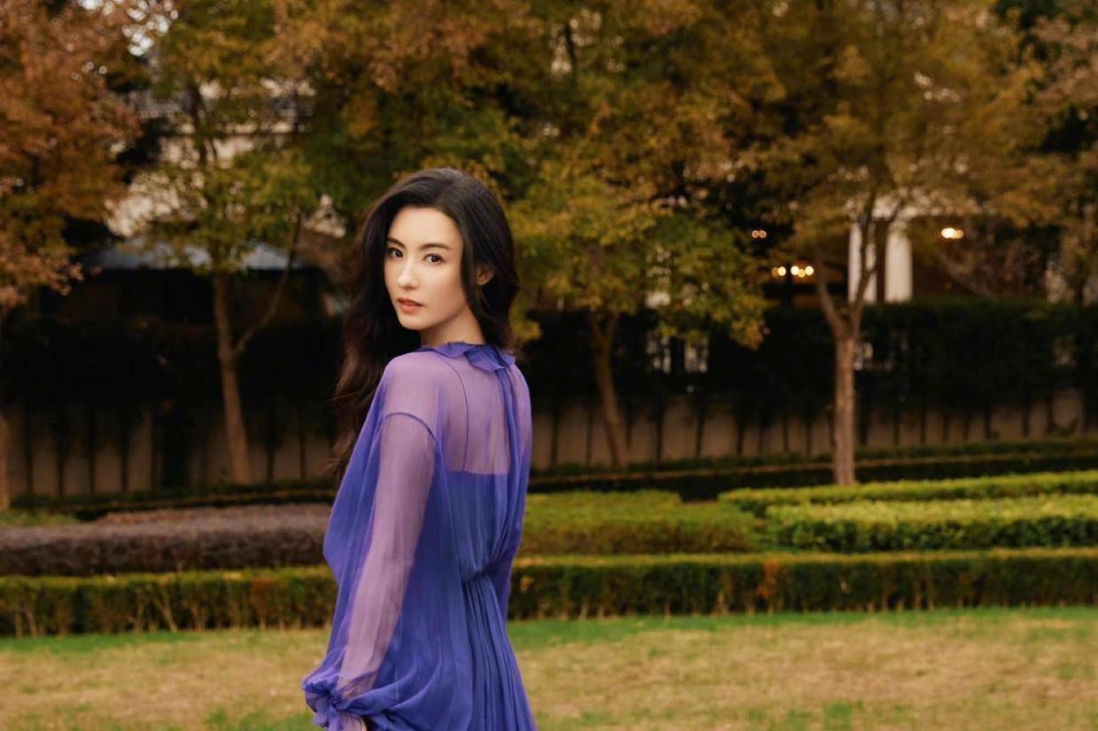张柏芝华丽变身,女神气质爆棚 张柏芝一身紫色薄纱连衣裙亮相,搭配大