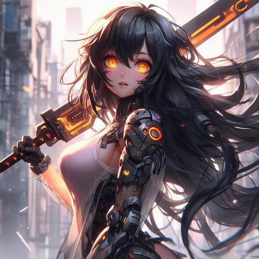 未来世界的机甲女武士 在这幅未来世界的画面中,一位英勇的机甲女武士